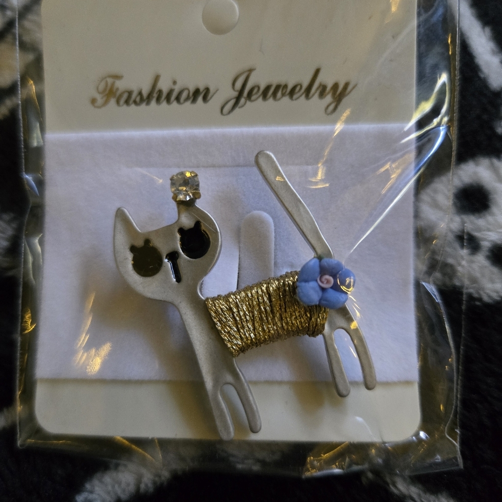 Silver Cat Brooch with Gold and Blue Accents